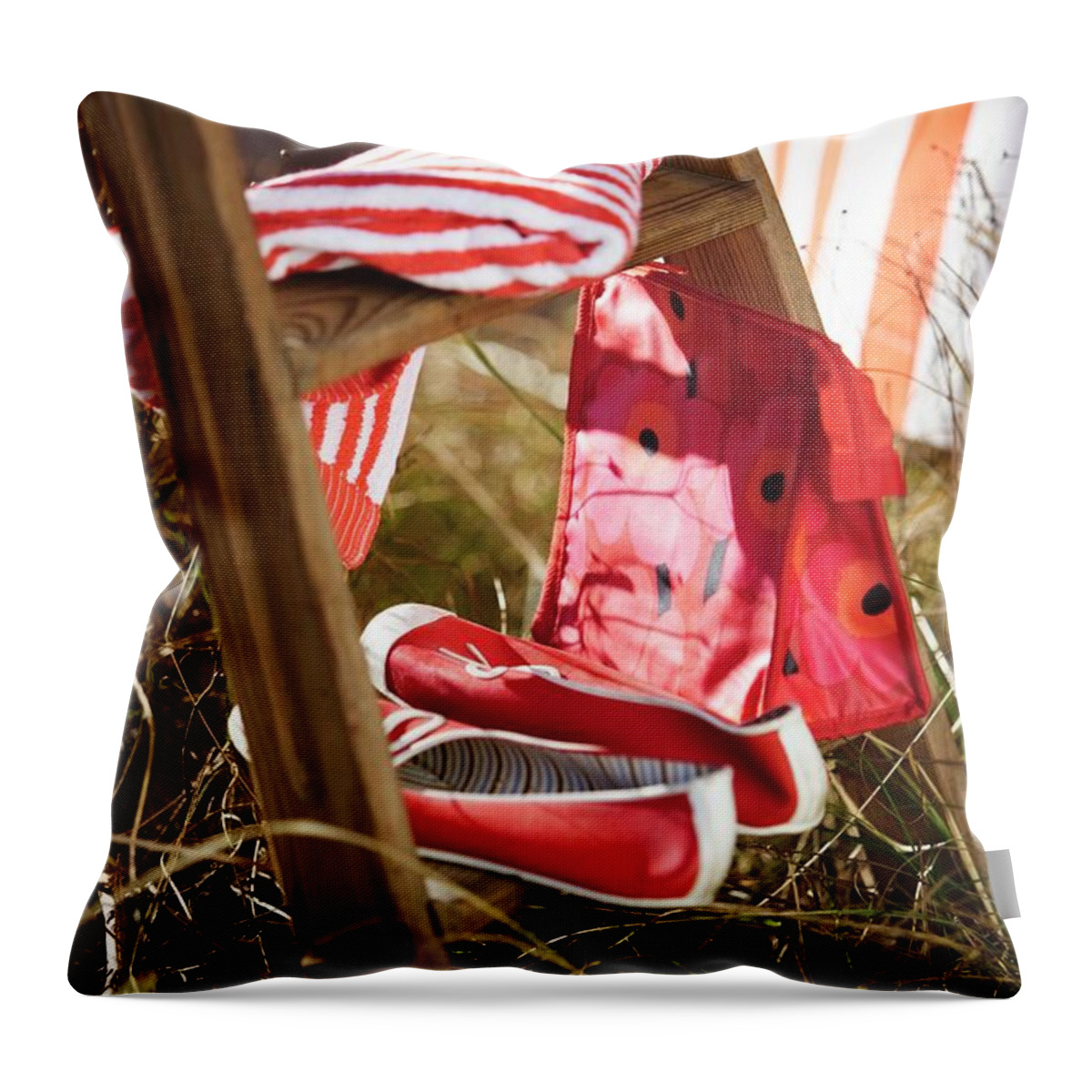 Ip_00705054 Throw Pillow featuring the photograph A Towel, A Red Washbag And A Pair Of Shoes On A Ladder by Per Magnus Persson