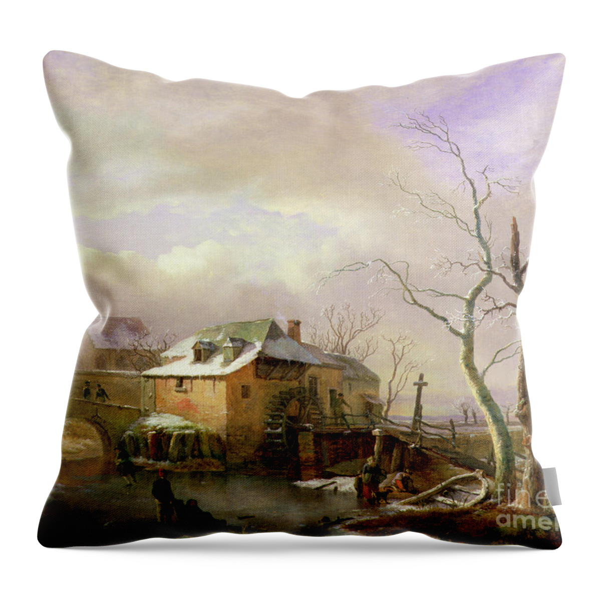 Skating Throw Pillow featuring the painting A Winter Landscape With Peasants On A Frozen Millpond By A Village by Ignatius Josephus Van Regemorter