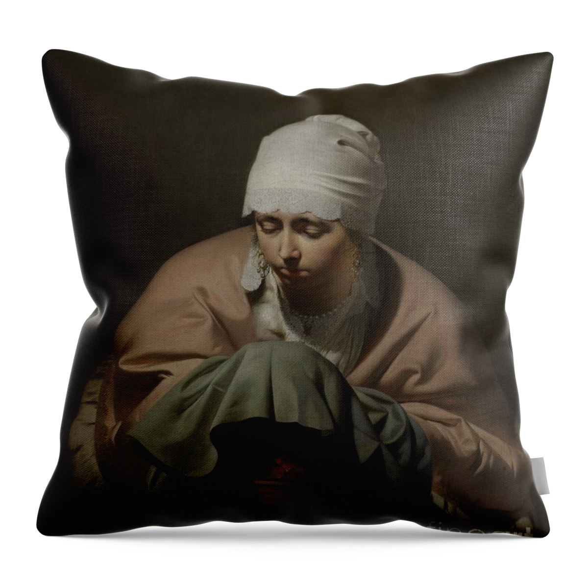Cesar Boetius Van Everdingen Throw Pillow featuring the painting A Young Woman Warming Her Hands Over A Brazier, An Allegory Of Winter, C.1644-8 (oil On Canvas) by Cesar Boetius Van Everdingen