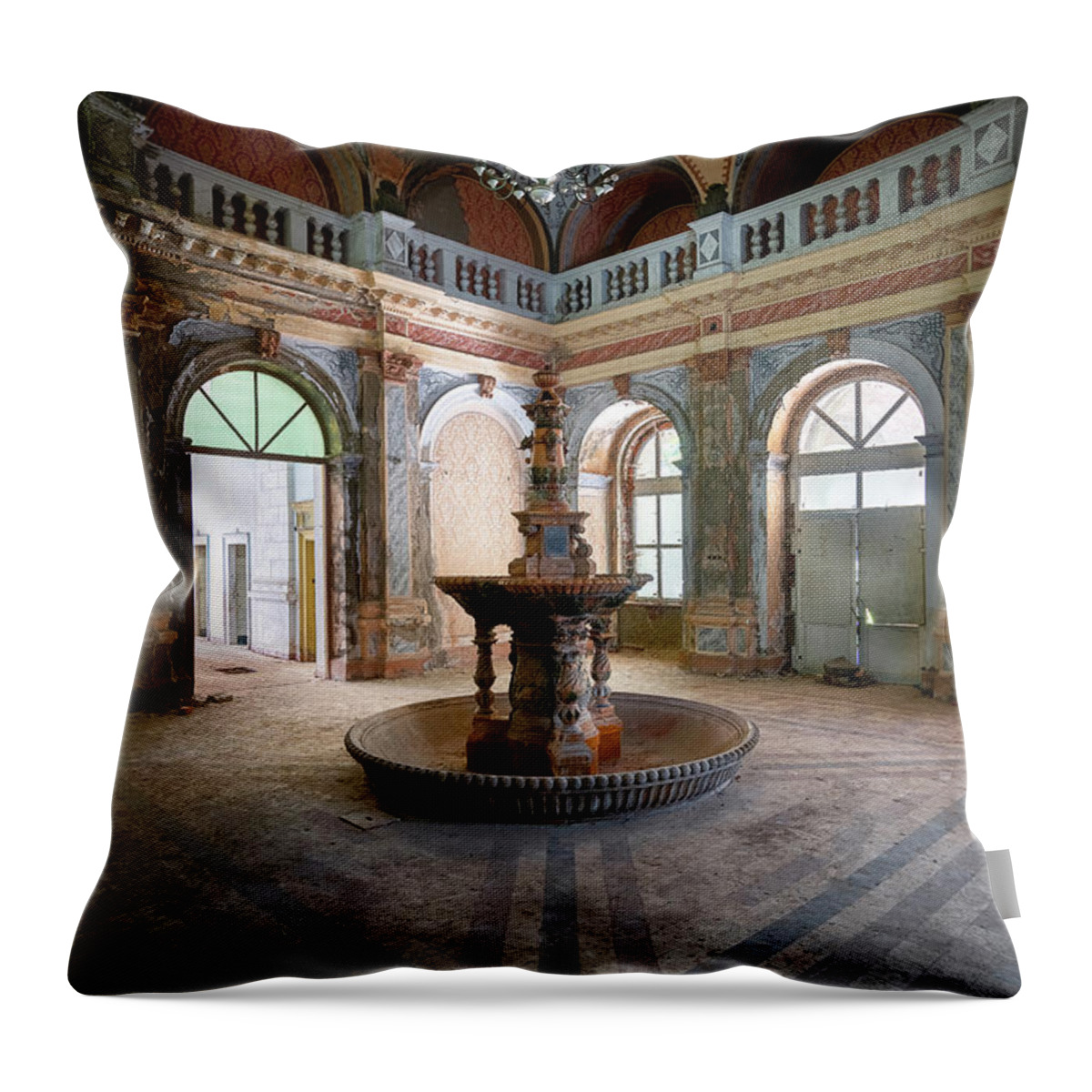 Urban Throw Pillow featuring the photograph Abandoned Fountain in Hall by Roman Robroek