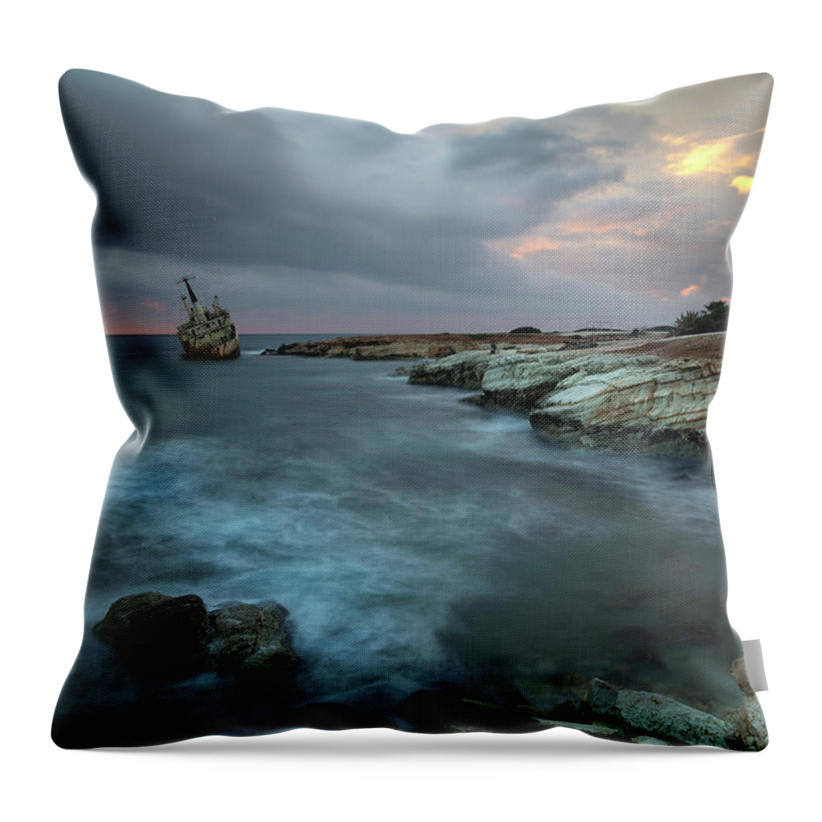 Coastline Throw Pillow featuring the photograph Abandoned ship of EDRO III resting on the coastline of Peyia in by Michalakis Ppalis