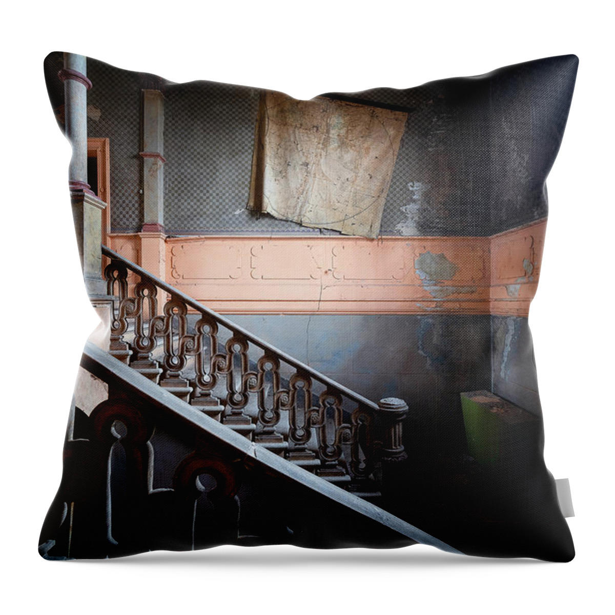 Urban Throw Pillow featuring the photograph Abandoned Staircase with Map by Roman Robroek