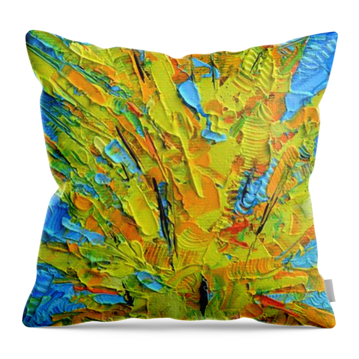 Spring Throw Pillow featuring the painting ABSTRACT FORSYTHIA textural impressionist impasto palette knife oil painting by Ana Maria Edulescu by Ana Maria Edulescu