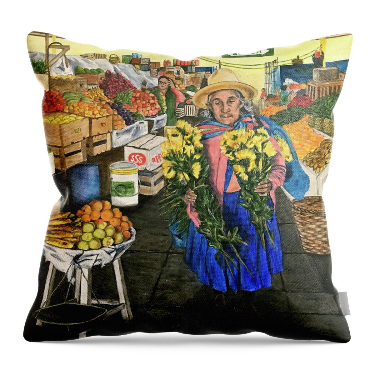 Abuela Throw Pillow featuring the painting Abuela at the Marketplace by Bonnie Peacher