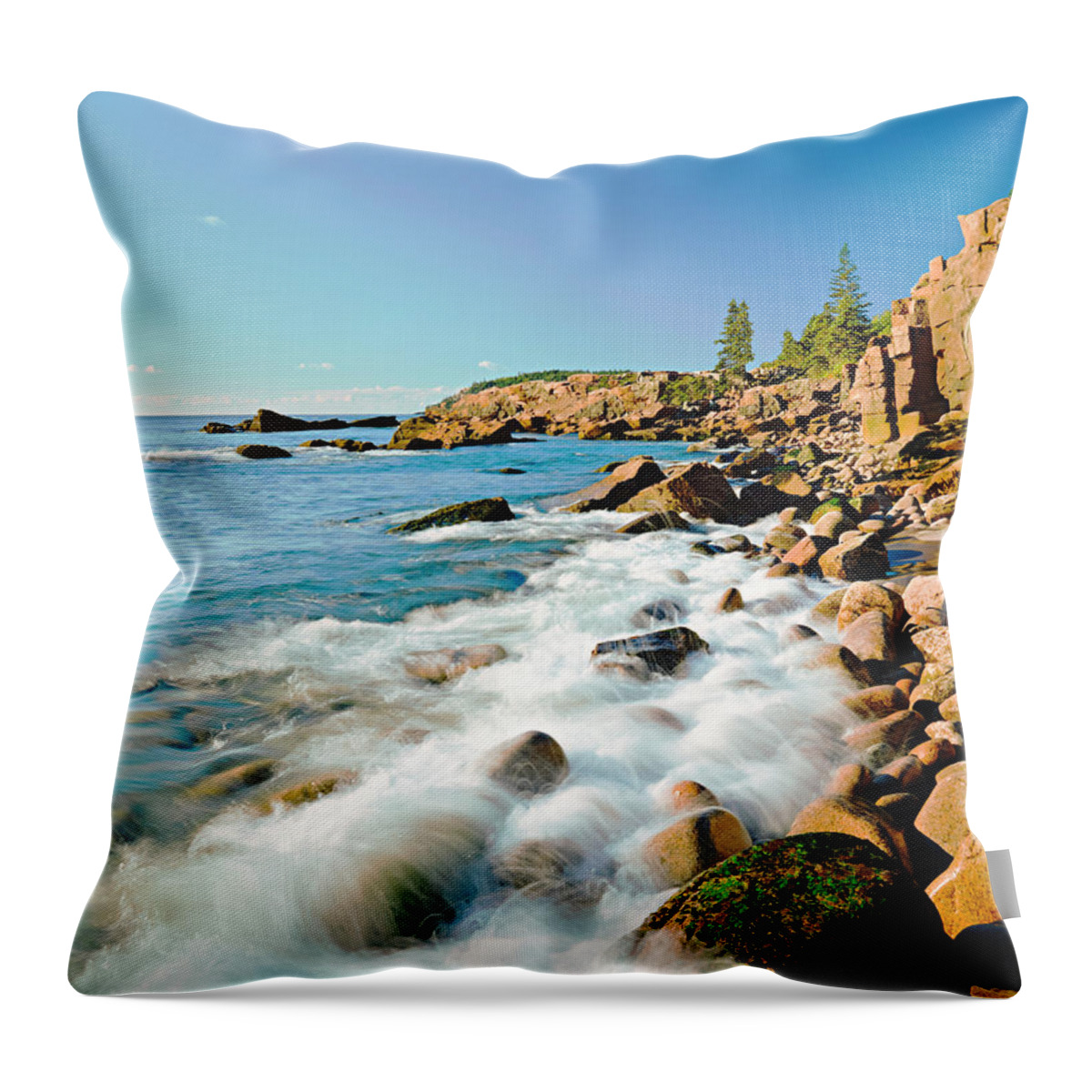 Water's Edge Throw Pillow featuring the photograph Acadia National Parks Rocky Atlantic by Ron thomas