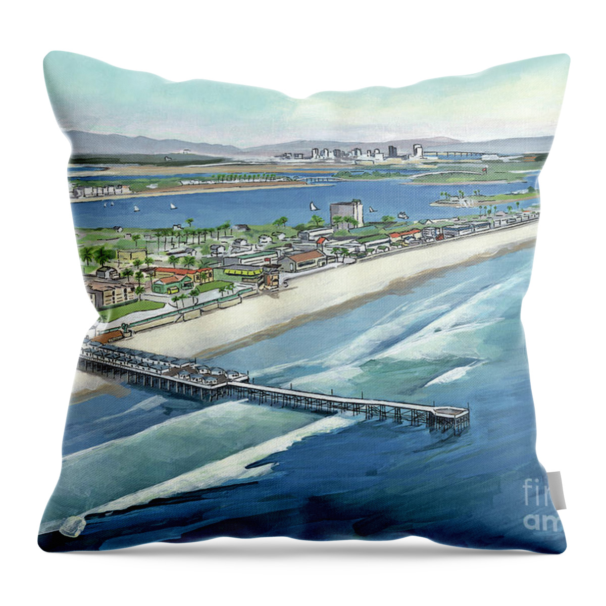 Pacific Beach Throw Pillow featuring the painting Pacific Beach to Downtown San Diego California by Paul Strahm