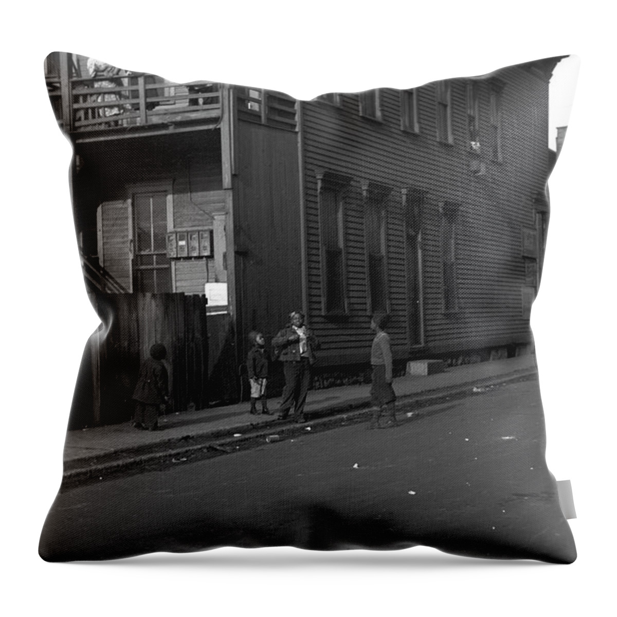 African Throw Pillow featuring the painting African American Children Play on the Street in an Inner city neighborhood by 