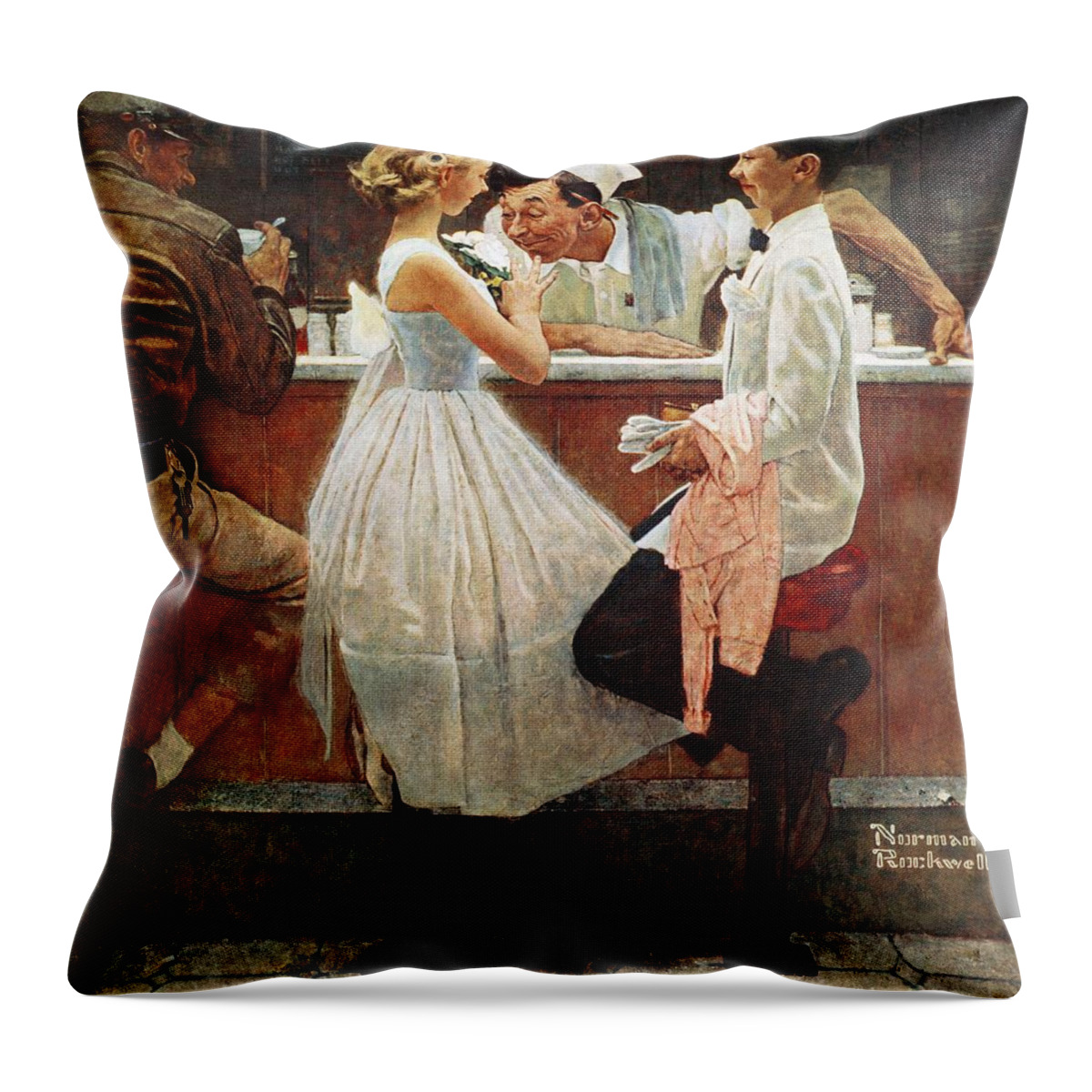 Corsage Throw Pillow featuring the painting After The Prom by Norman Rockwell