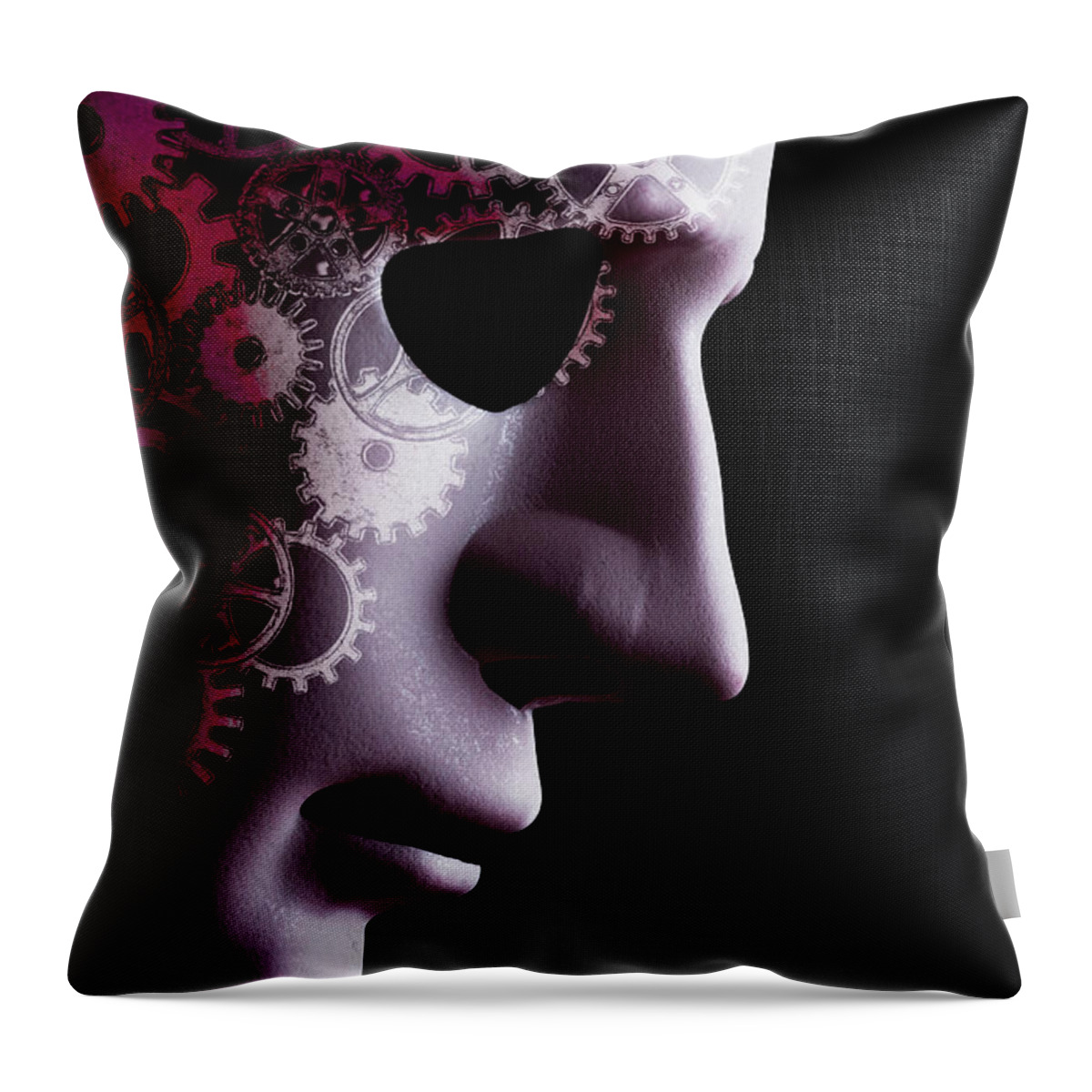 Mask Throw Pillow featuring the photograph A.I. robotic face close up with cogs by Simon Bratt