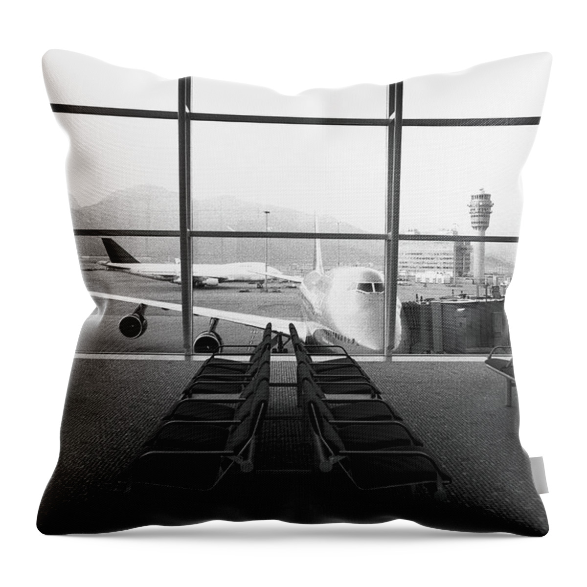 Airport Departure Area Throw Pillow featuring the photograph Airport Waiting Area B&w by Walter Bibikow