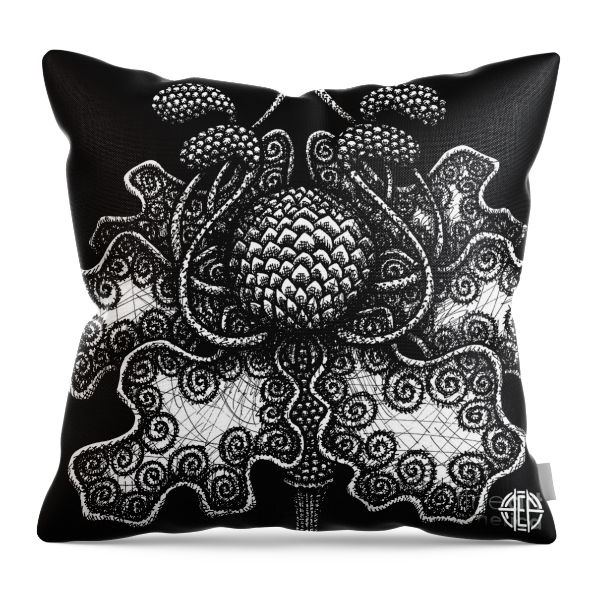 Boho Throw Pillow featuring the drawing Alien Bloom 18 Black and White by Amy E Fraser
