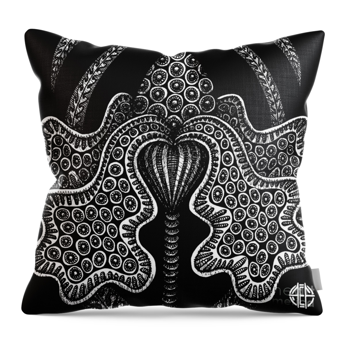 Boho Throw Pillow featuring the drawing Alien Bloom 23 Black and White by Amy E Fraser