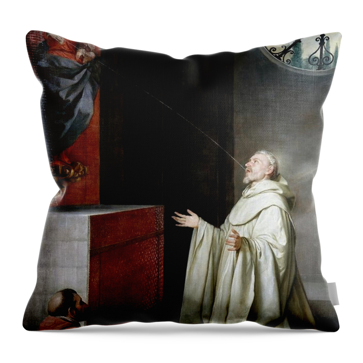 Alonzo Cano Throw Pillow featuring the painting Alonso Cano / 'Saint Bernard and the Virgin', Spanish School, Oil on canvas. VIRGIN MARY. by Alonso Cano -1601-1667-