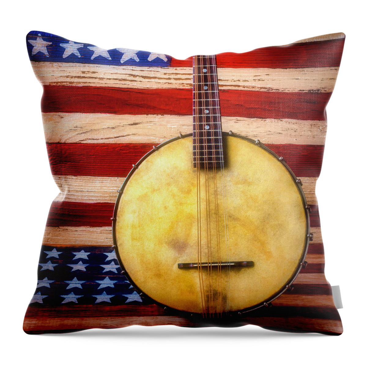 American Throw Pillow featuring the photograph American Banjo Folk Art Flag by Garry Gay