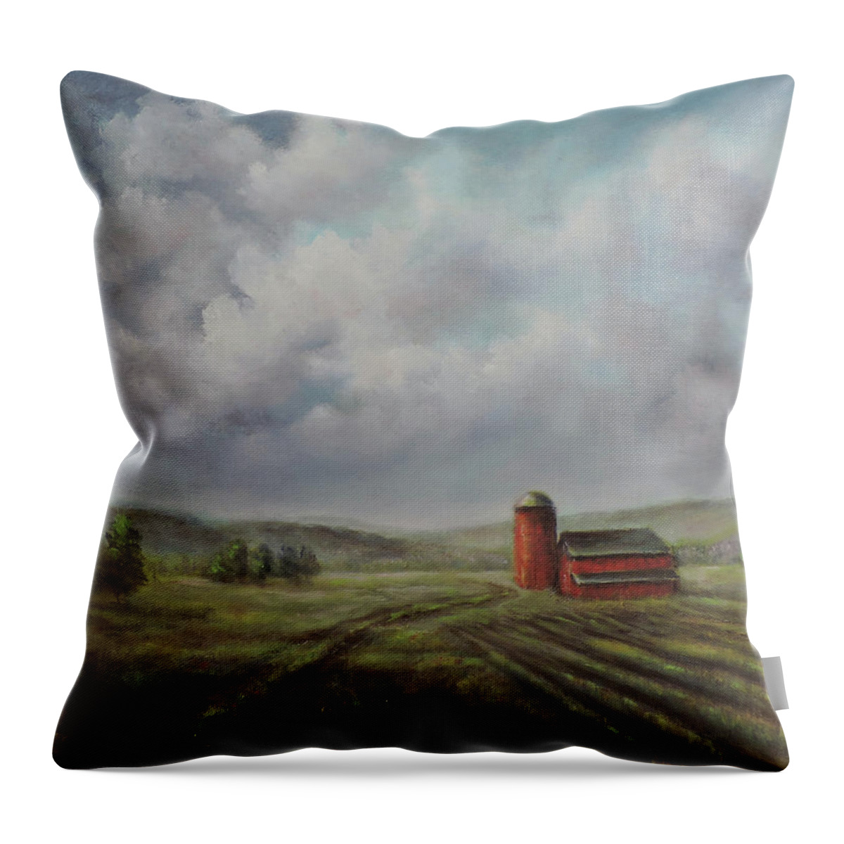 American Landscape Throw Pillow featuring the painting American scene Red Barn by Katalin Luczay