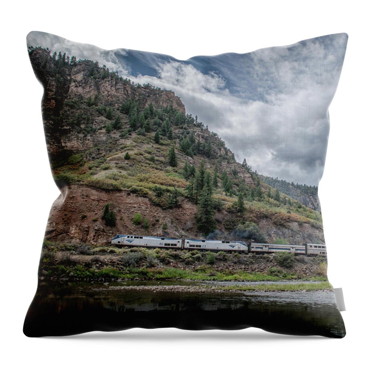 Railroad Throw Pillow featuring the photograph Amtrak Train 6, California Zephyr heads along the Colorado River by Jim Pearson
