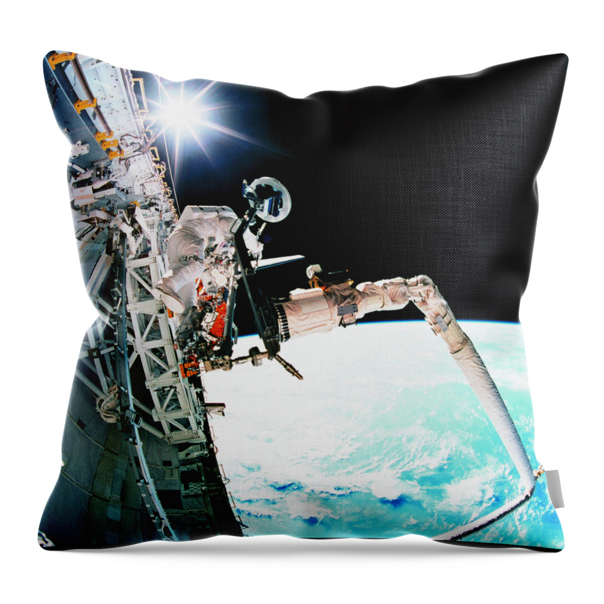 Black Color Throw Pillow featuring the photograph An Astronaut Working In Space by Stockbyte