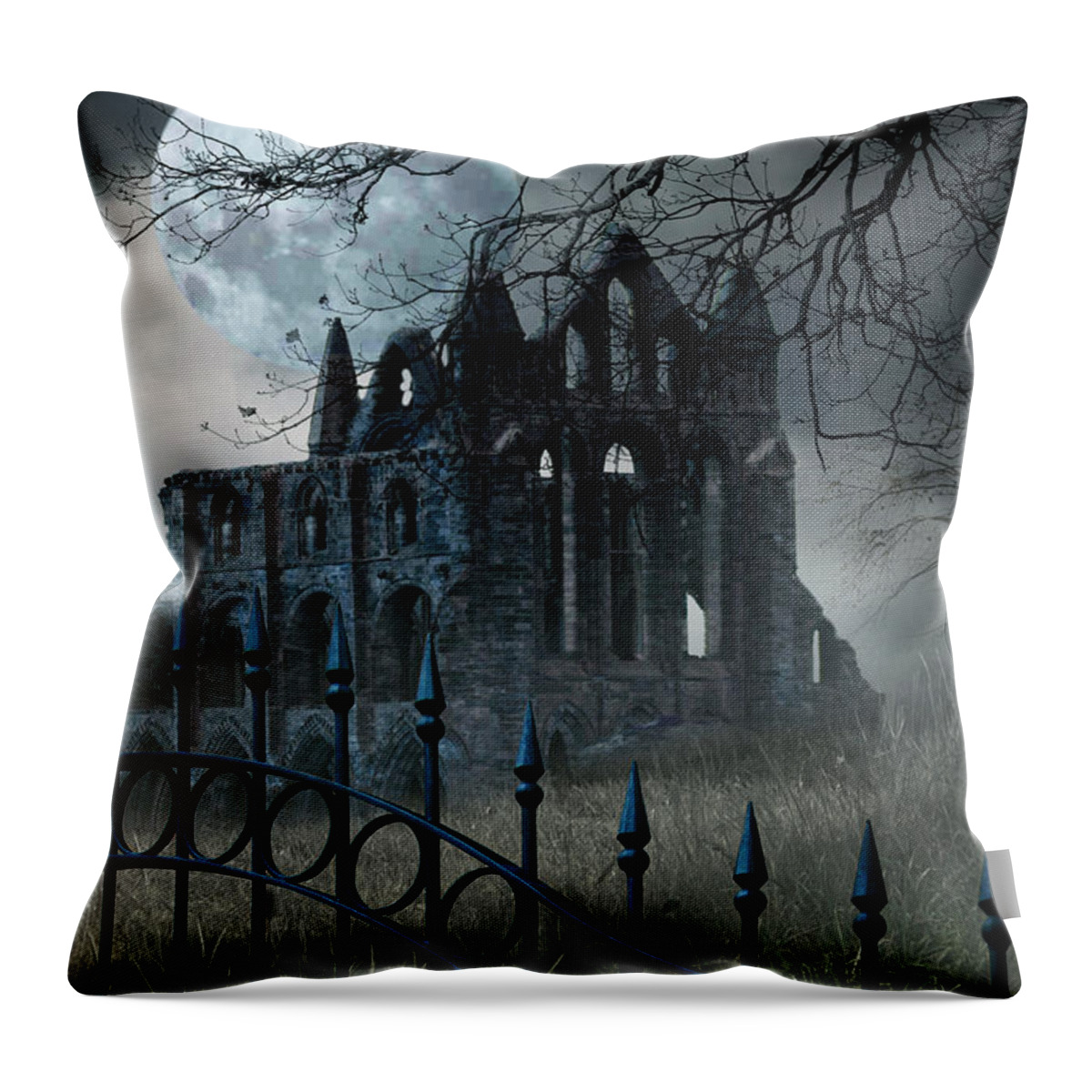 Abby Throw Pillow featuring the photograph An Old Haunted Abby In The Moonlight With A Fence by Ethiriel Photography