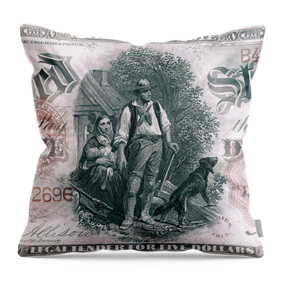 Travelpixpro Throw Pillow featuring the digital art Andrew Jackson 1875 Woodchopper American Five Dollar Bill Curreny Starburst Artwork by Shawn O'Brien