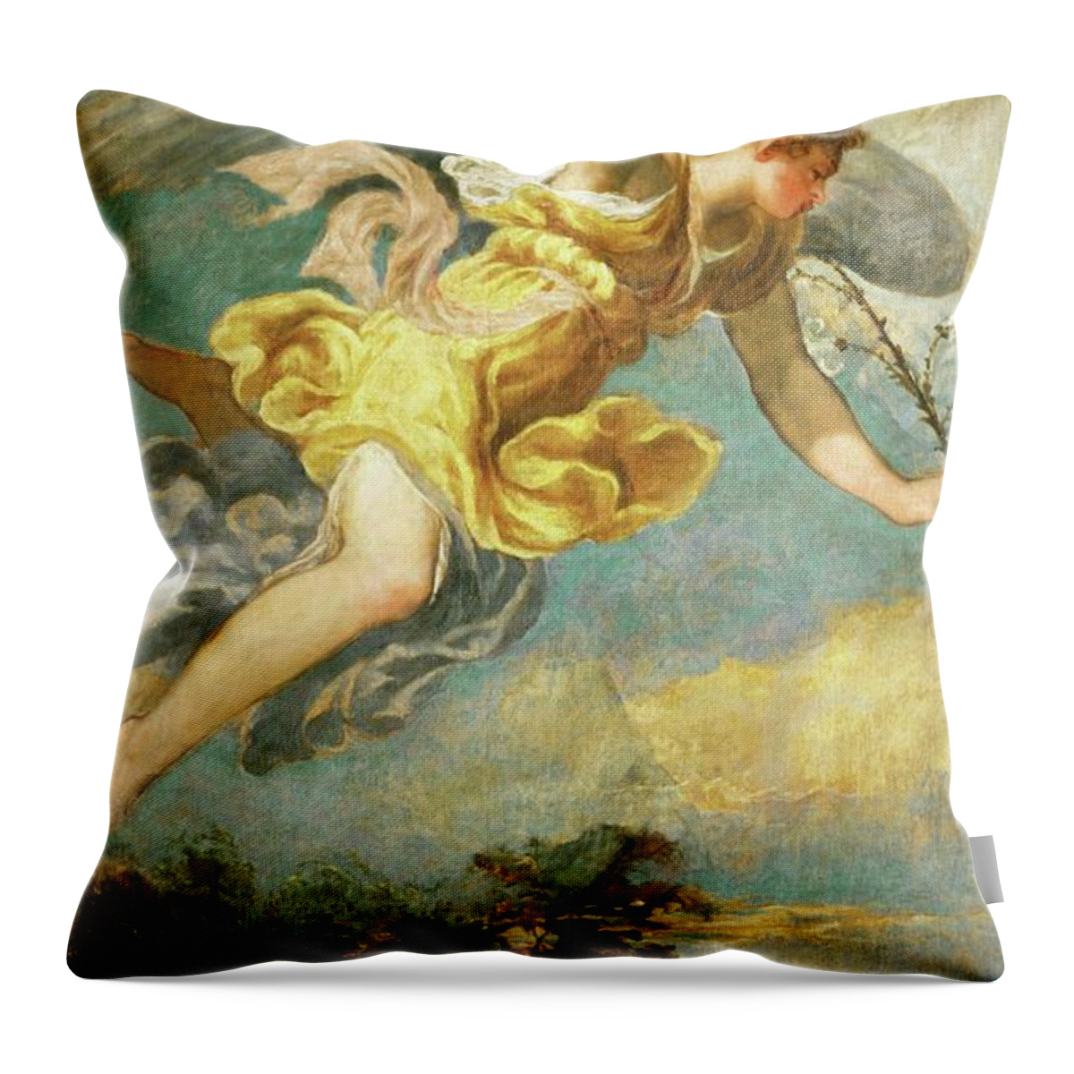 Andrea Meldolla Schiavone Throw Pillow featuring the painting Angel of the Annunciation. One of two panels. Canvas -around 1552- 272 x 156 cm. by Andrea Schiavone -c 1510-1563-