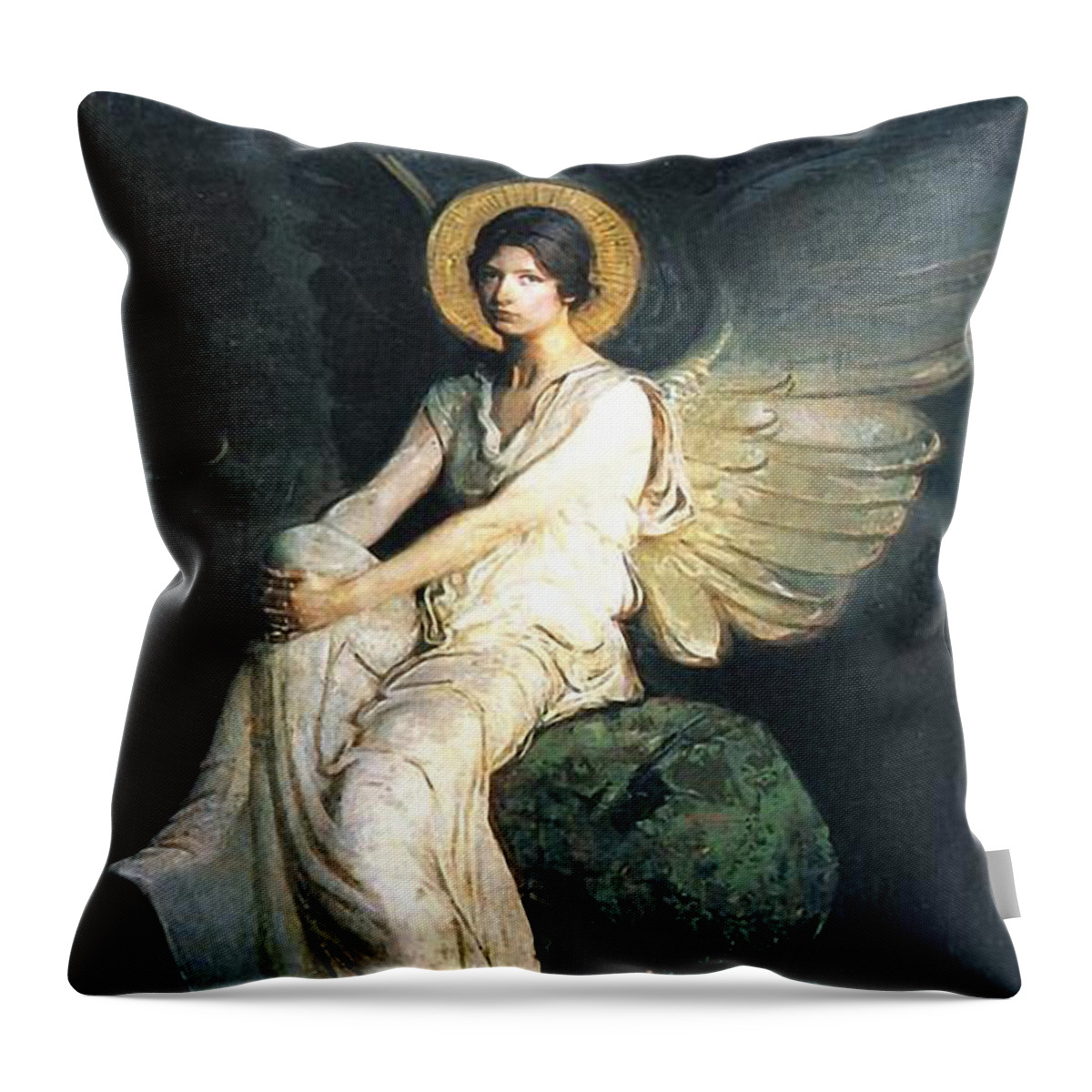 St Michael Throw Pillow featuring the mixed media Angel Waiting 19 century by Abbott Handerson Thayer