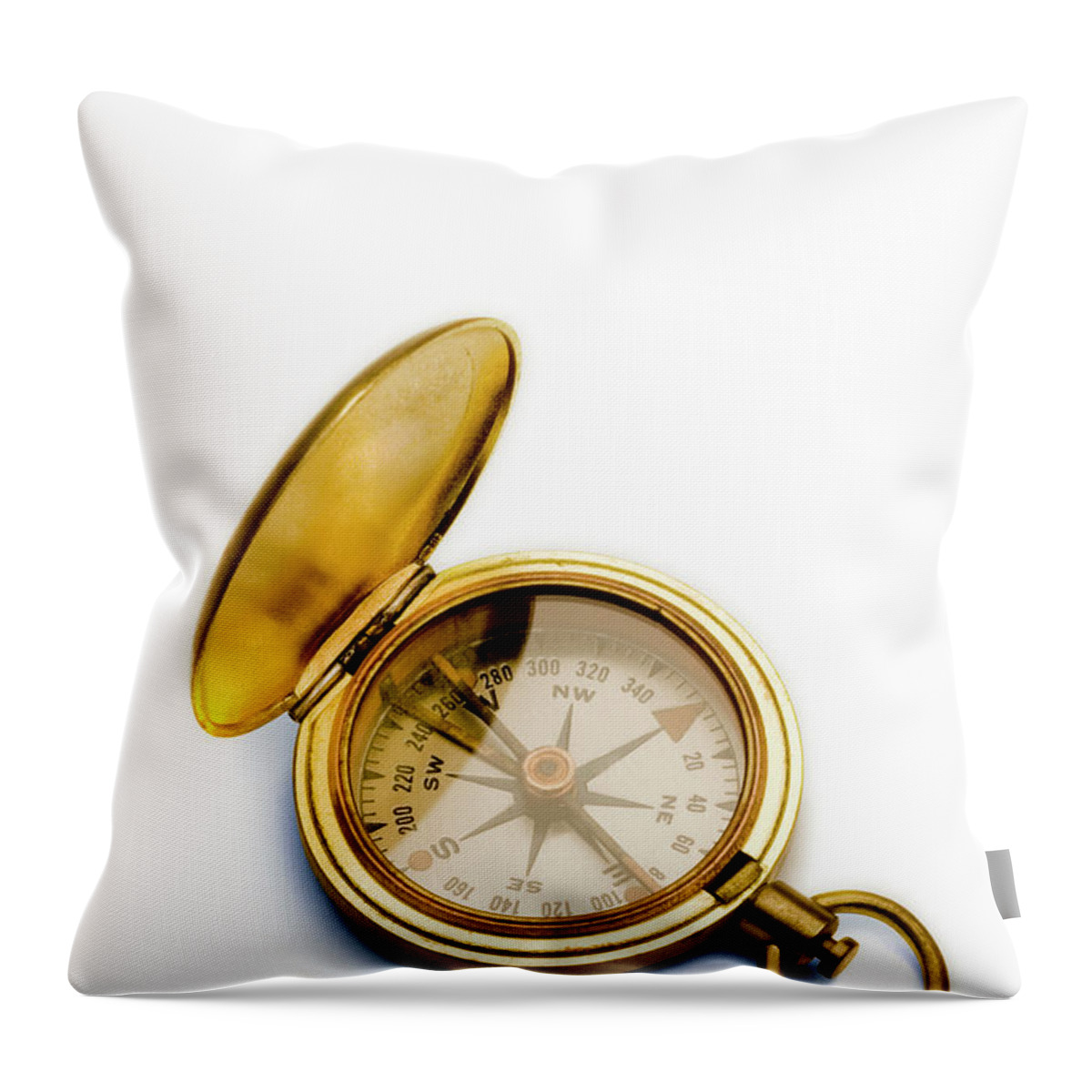White Background Throw Pillow featuring the photograph Antique Brass Compass Against White by Gary S Chapman