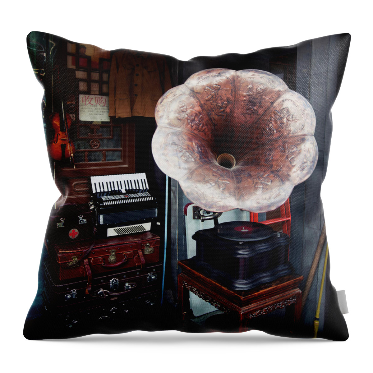 Flea Market Throw Pillow featuring the photograph Antique Victrola In Panjiayuan Flea by Design Pics / Keith Levit