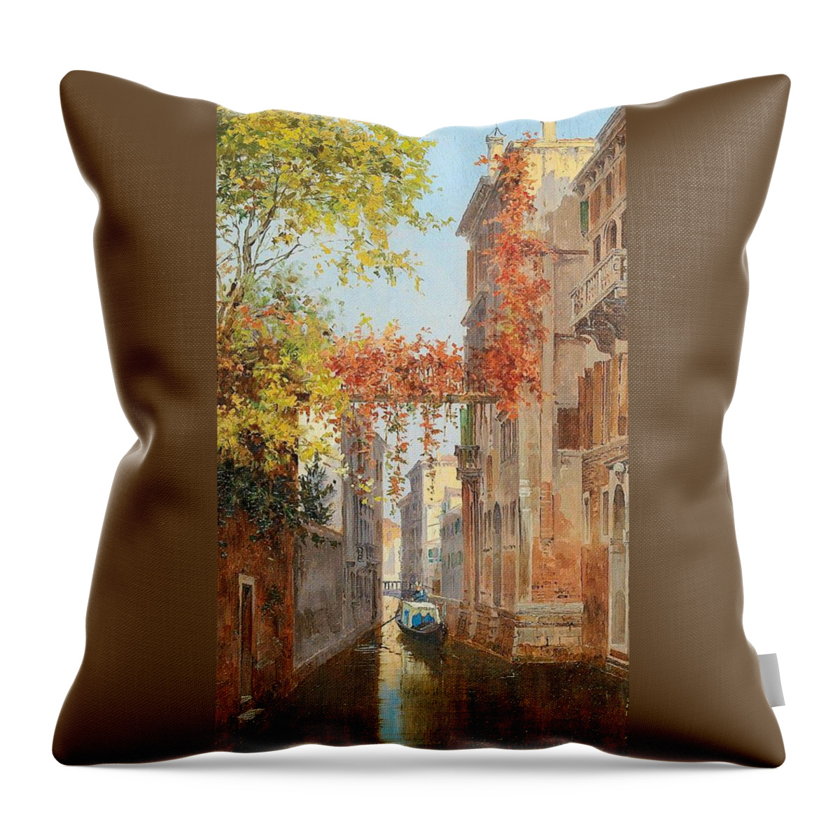 Nature Throw Pillow featuring the painting Antonietta Brandeis Myslkovice 1849-1910 Venice A canal in Venice with a view of Palazzo Albrizzi by Antonietta Brandeis