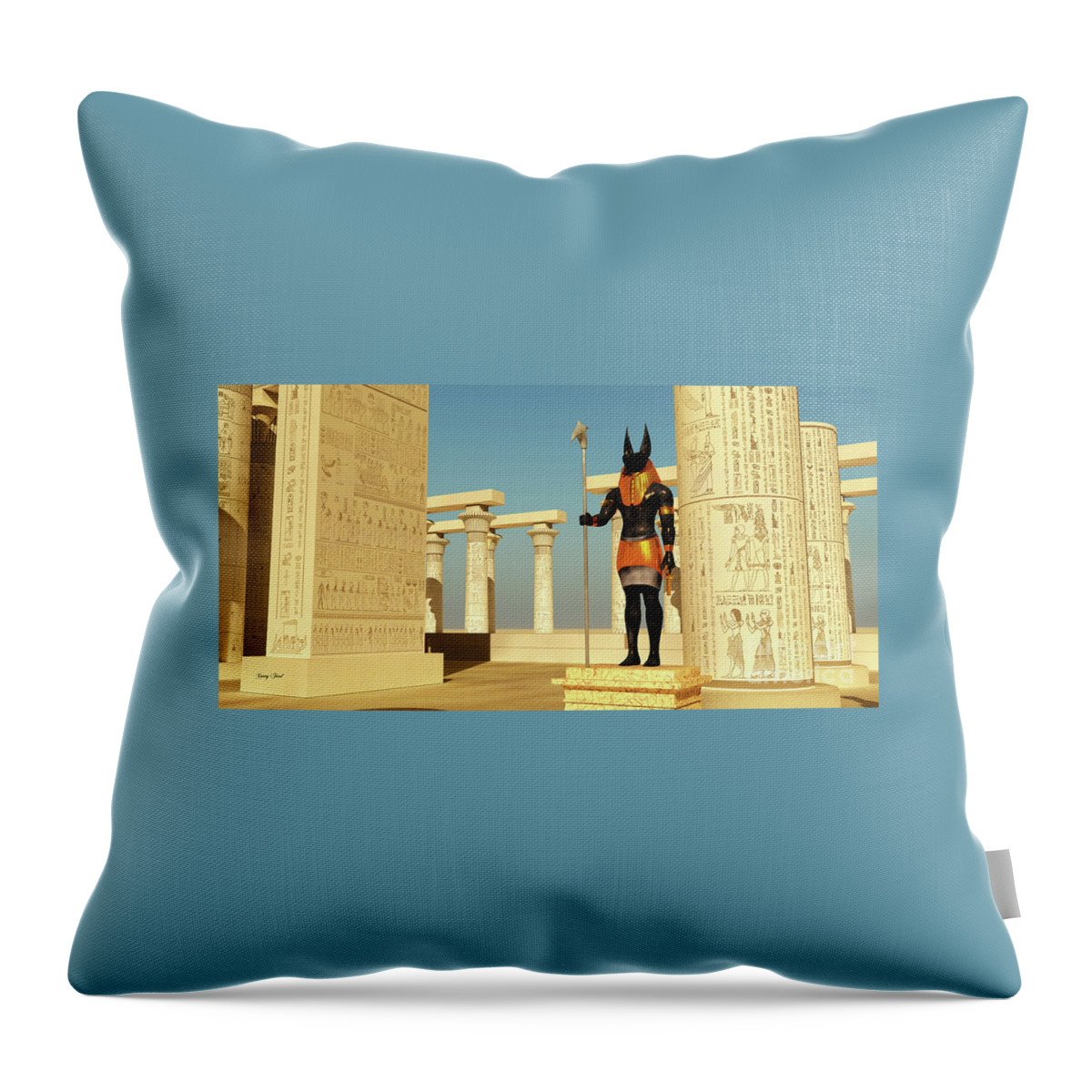 Anubis Throw Pillow featuring the digital art Anubis Statue in Temple by Corey Ford