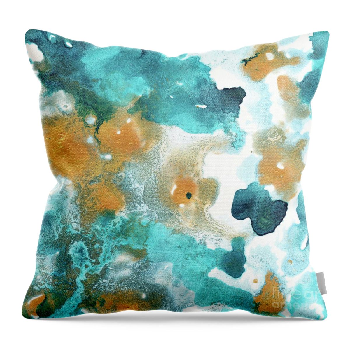 Ink Throw Pillow featuring the painting Aqua Teal Gold Abstract Painting #2 #ink #decor #art by Anitas and Bellas Art