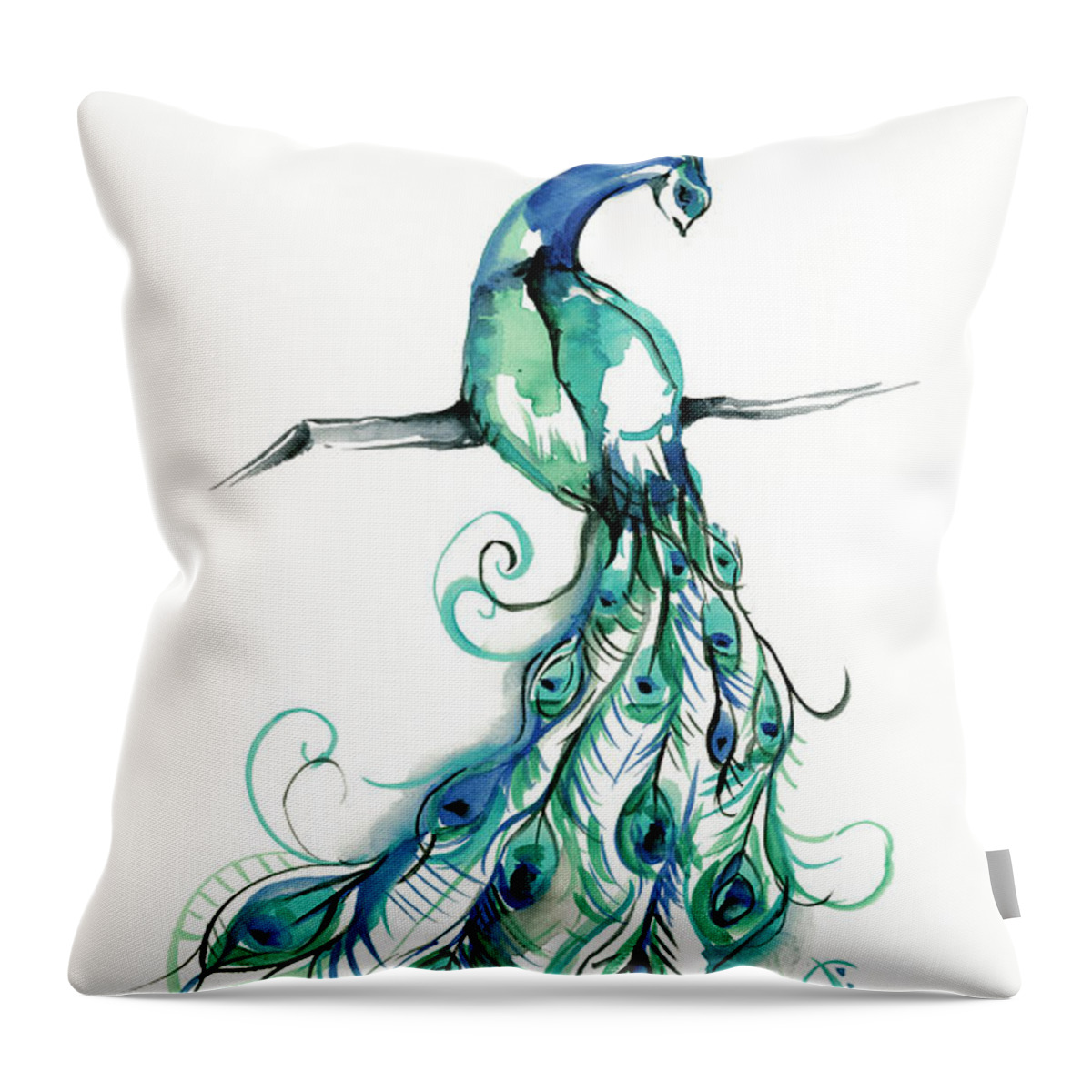 Animals Throw Pillow featuring the painting Aquarelle Peacock I by Jennifer Goldberger