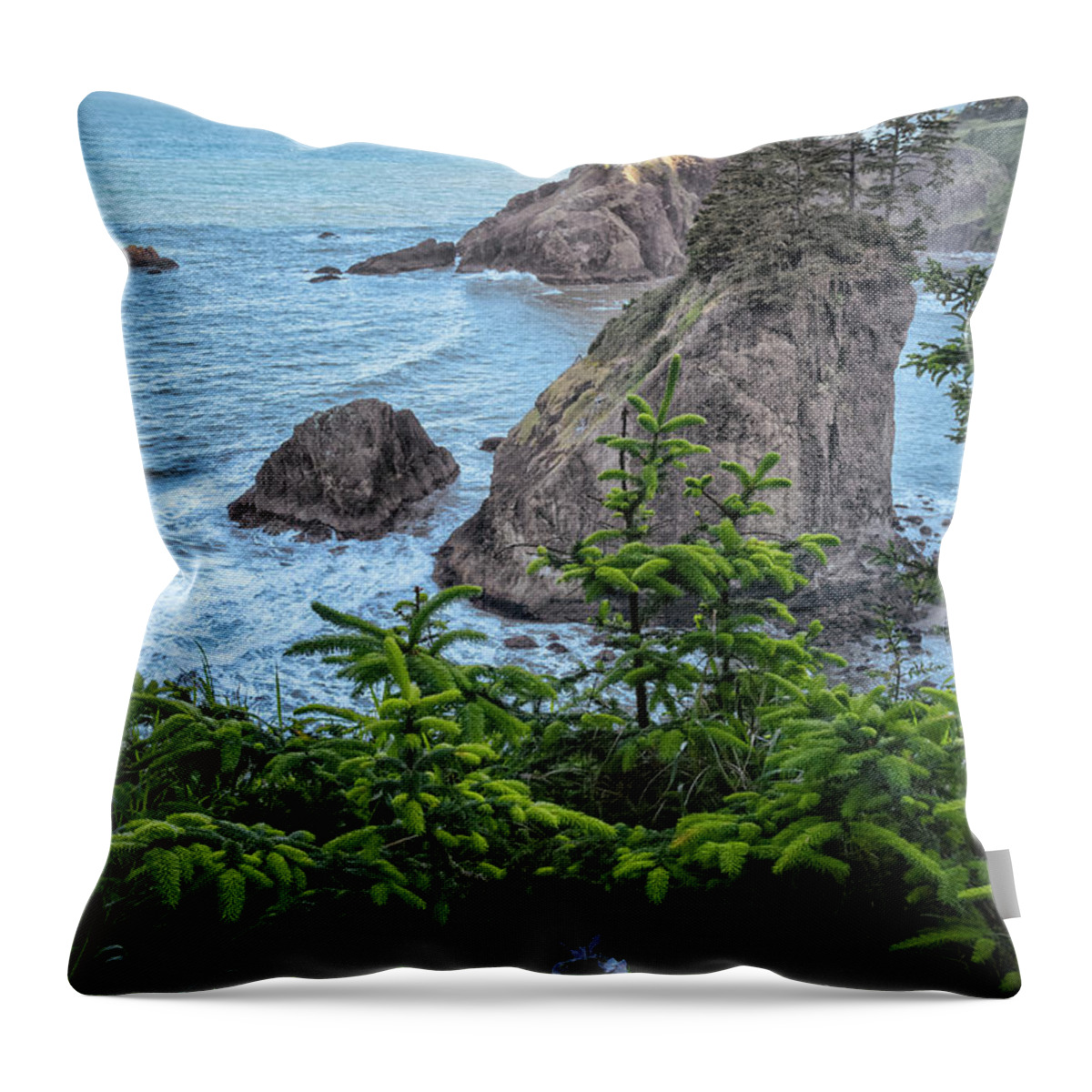Arch Rock Roadside Viewpoint Throw Pillow featuring the photograph Arch Rock Sea Stacks by Al Andersen