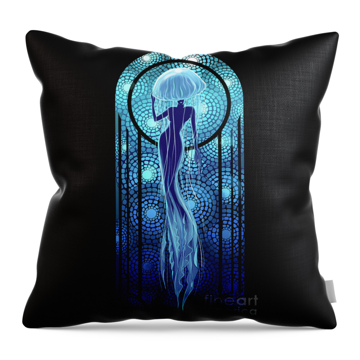 Jellyfish Throw Pillow featuring the painting Art deco jellyfish woman by Sassan Filsoof