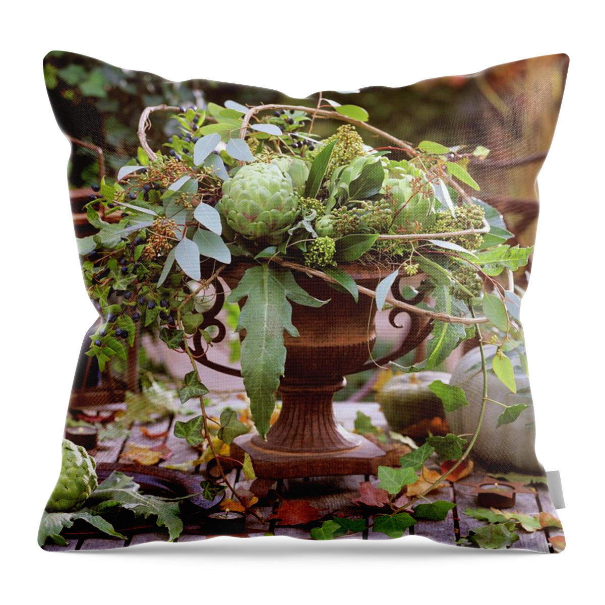Ip_00272347 Throw Pillow featuring the photograph Artichokes, Hedera - Ivy, Myrtus - Myrtle Branches With Fruits by Friedrich Strauss