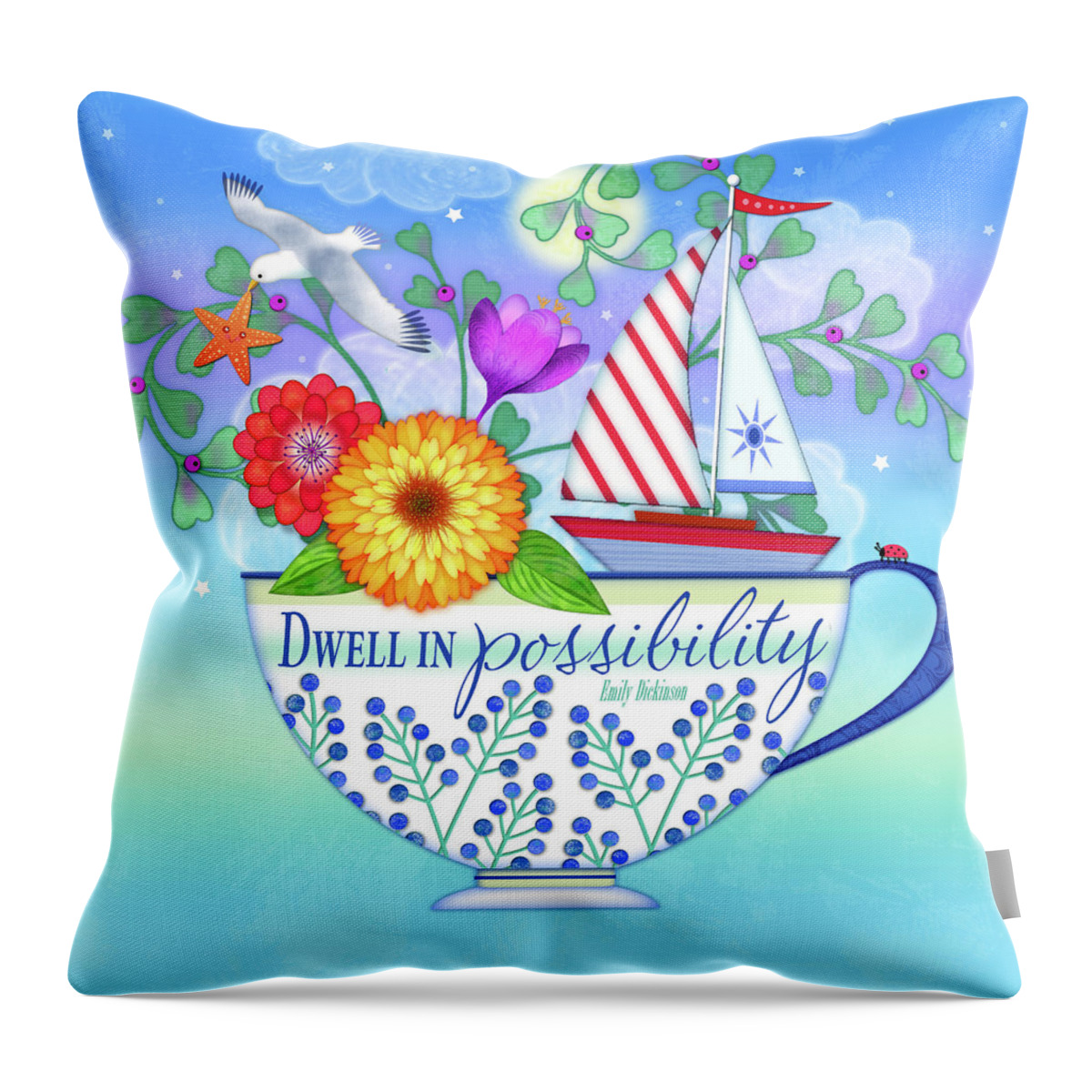 Teacup Throw Pillow featuring the digital art Dwell in Possibility by Valerie Drake Lesiak