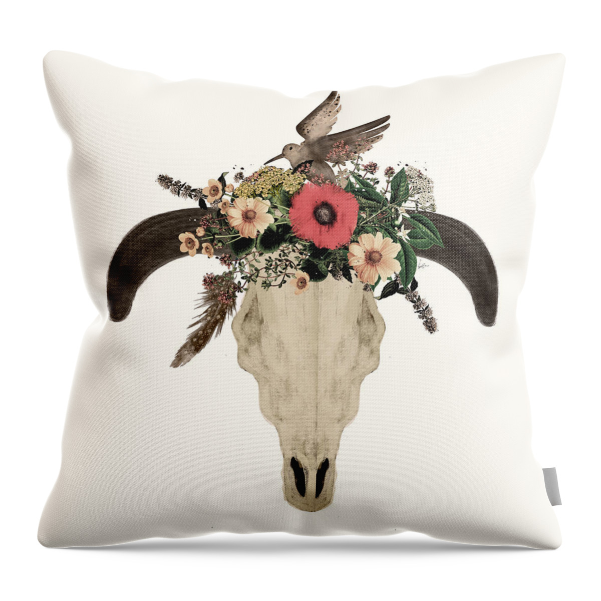Cow Skull Throw Pillow featuring the painting Cow Skull Flowers by Bri Buckley