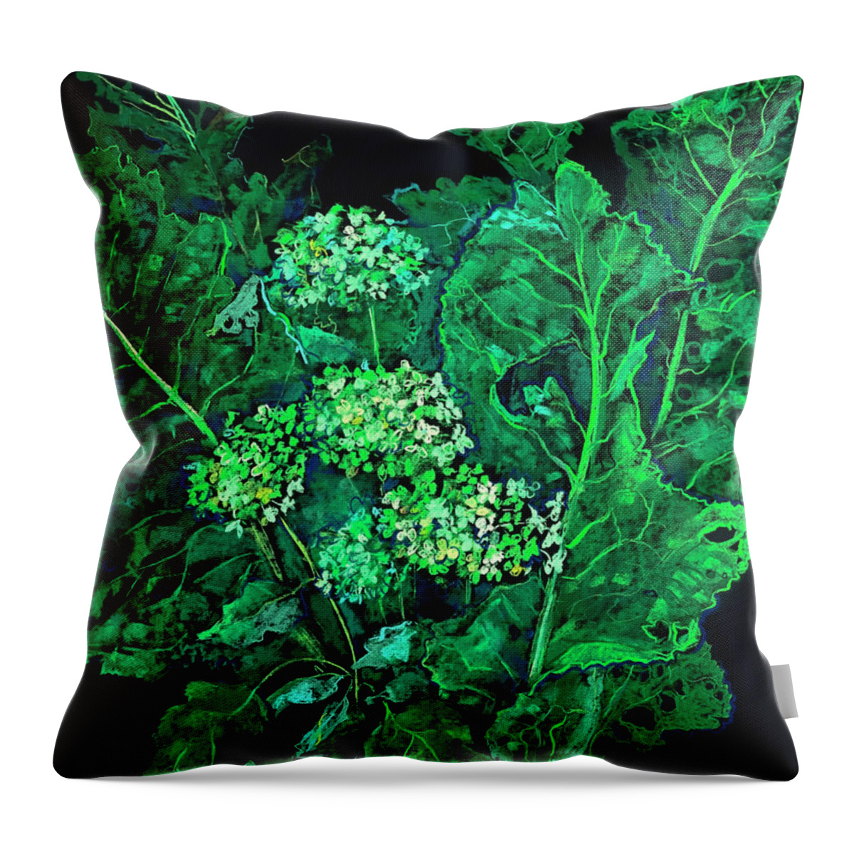 Summer Greenery Throw Pillow featuring the pastel Hydrangea and Horseradish by Julia Khoroshikh