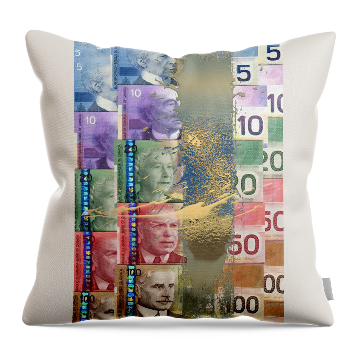 ‘money’ Collection By Serge Averbukh Throw Pillow featuring the digital art Pure Gold - Selection of Canadian Paper Currency by Serge Averbukh