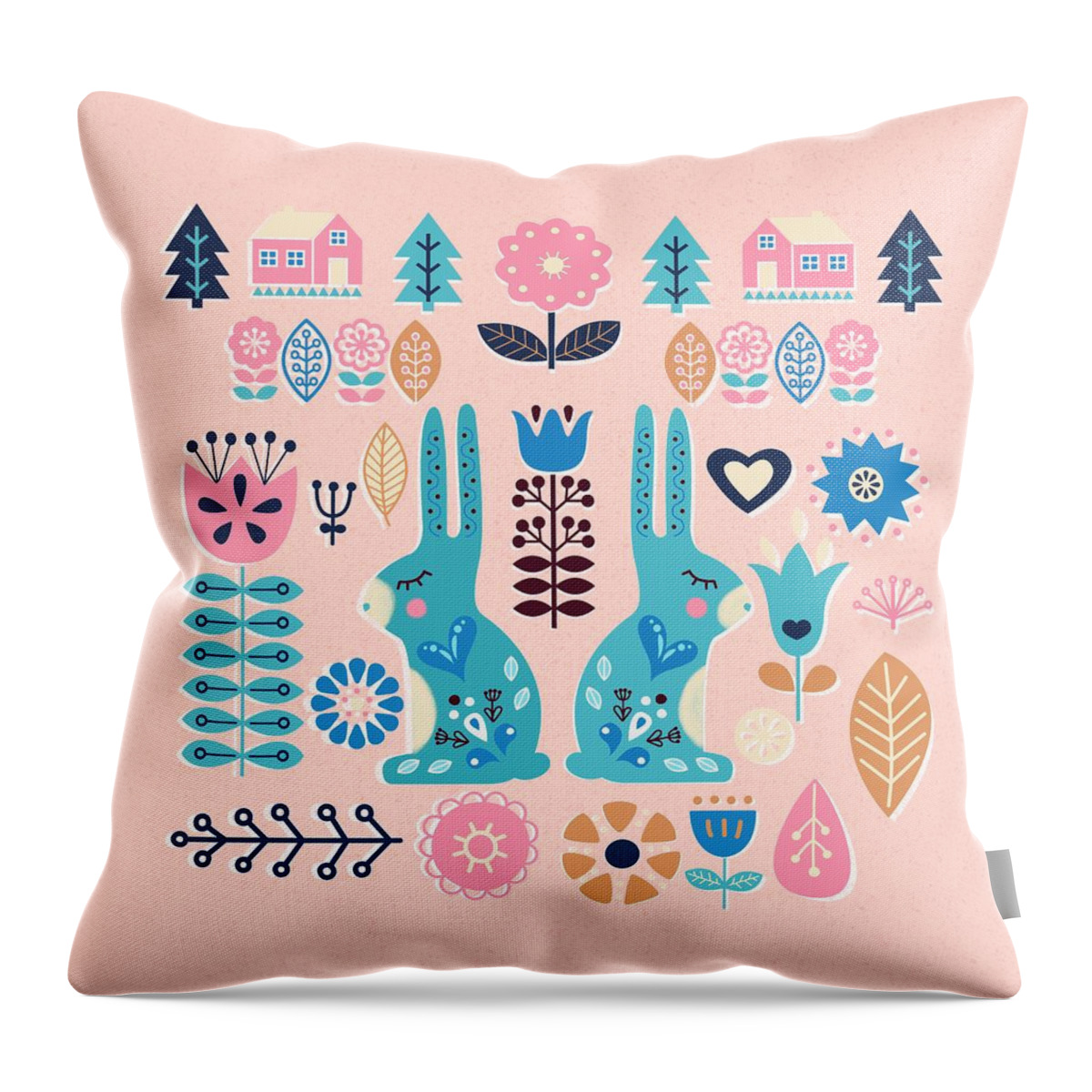 Bunny Throw Pillow featuring the painting Soft And Sweet Scandinavian Bunny Rabbit Folk Art by Little Bunny Sunshine
