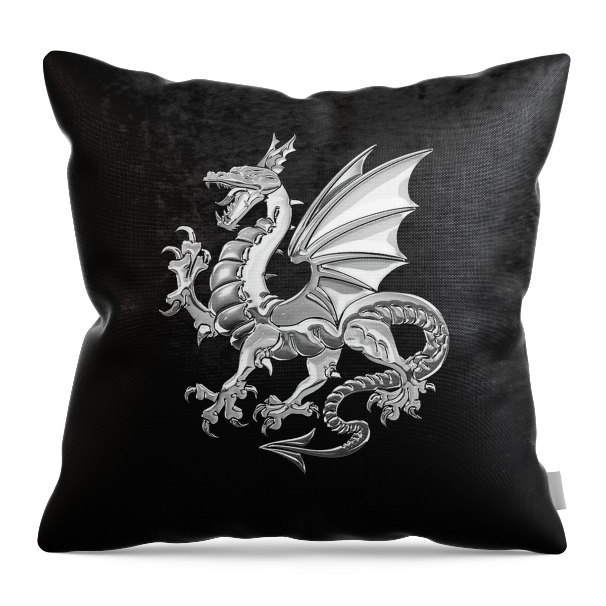 ‘dragons’ Collection By Serge Averbukh Throw Pillow featuring the digital art Silver Winged Norse Dragon - Icelandic Viking Landvaettir over Black Velvet by Serge Averbukh