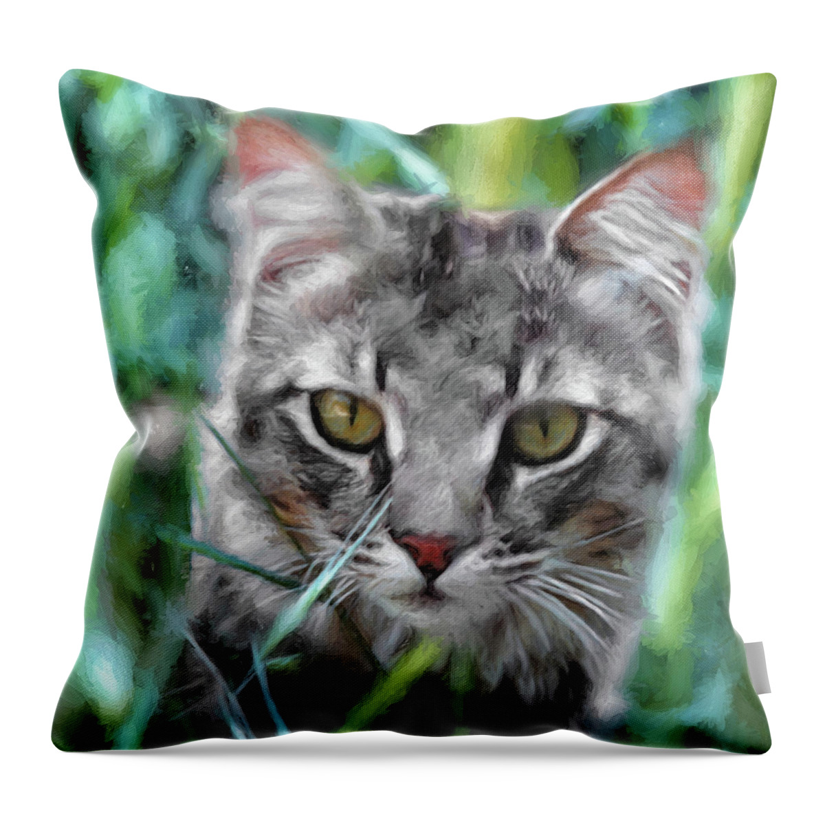 Animals Throw Pillow featuring the painting Cat in the Grass by Doreen Erhardt