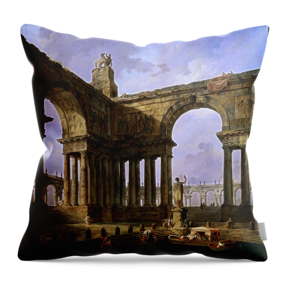 The Landing Place Throw Pillow featuring the painting The Landing Place by Hubert Robert by Rolando Burbon