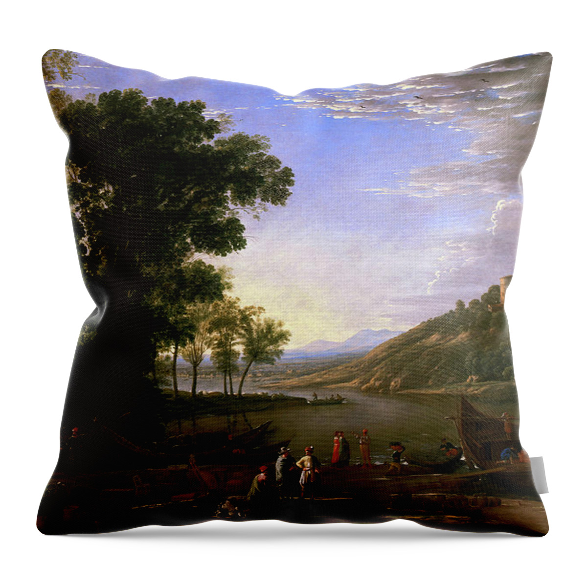 Landscape With Merchants Throw Pillow featuring the painting Landscape with Merchants by Claude Lorrain by Rolando Burbon