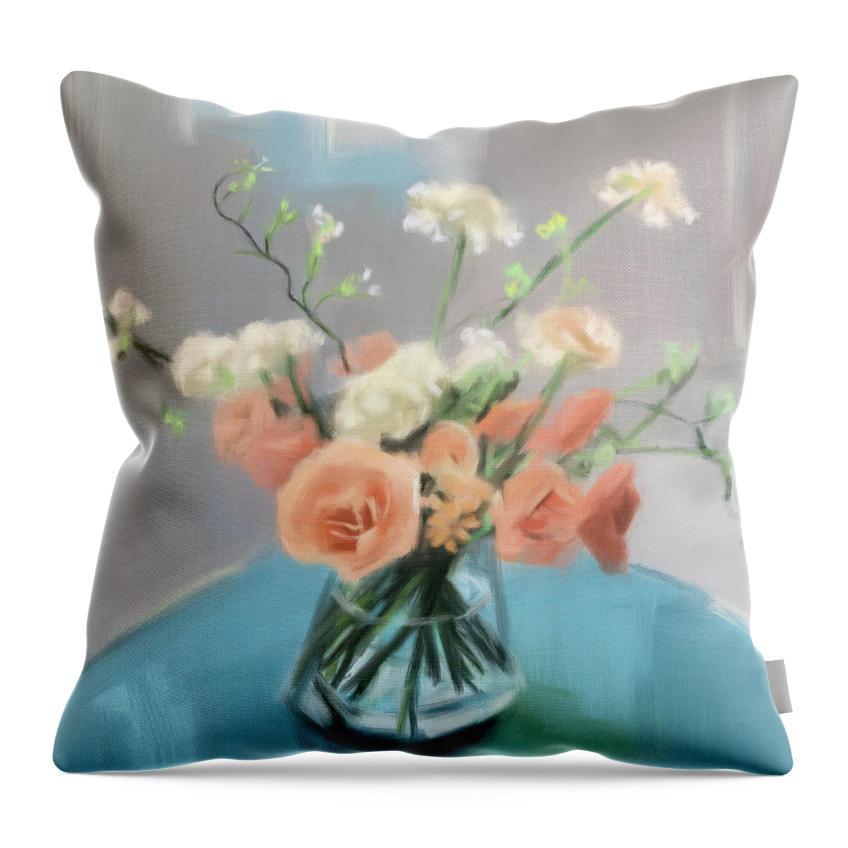 Rose Throw Pillow featuring the painting Roses Peach Blue Grey by Beverly Brown