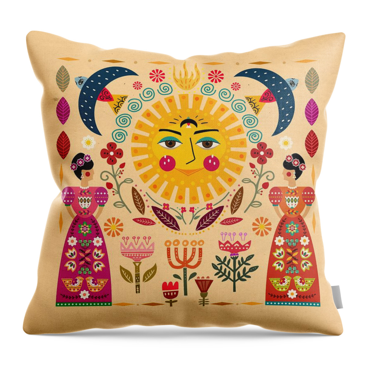  Throw Pillow featuring the painting Folk Art Inspired By The Fabulous Frida by Little Bunny Sunshine