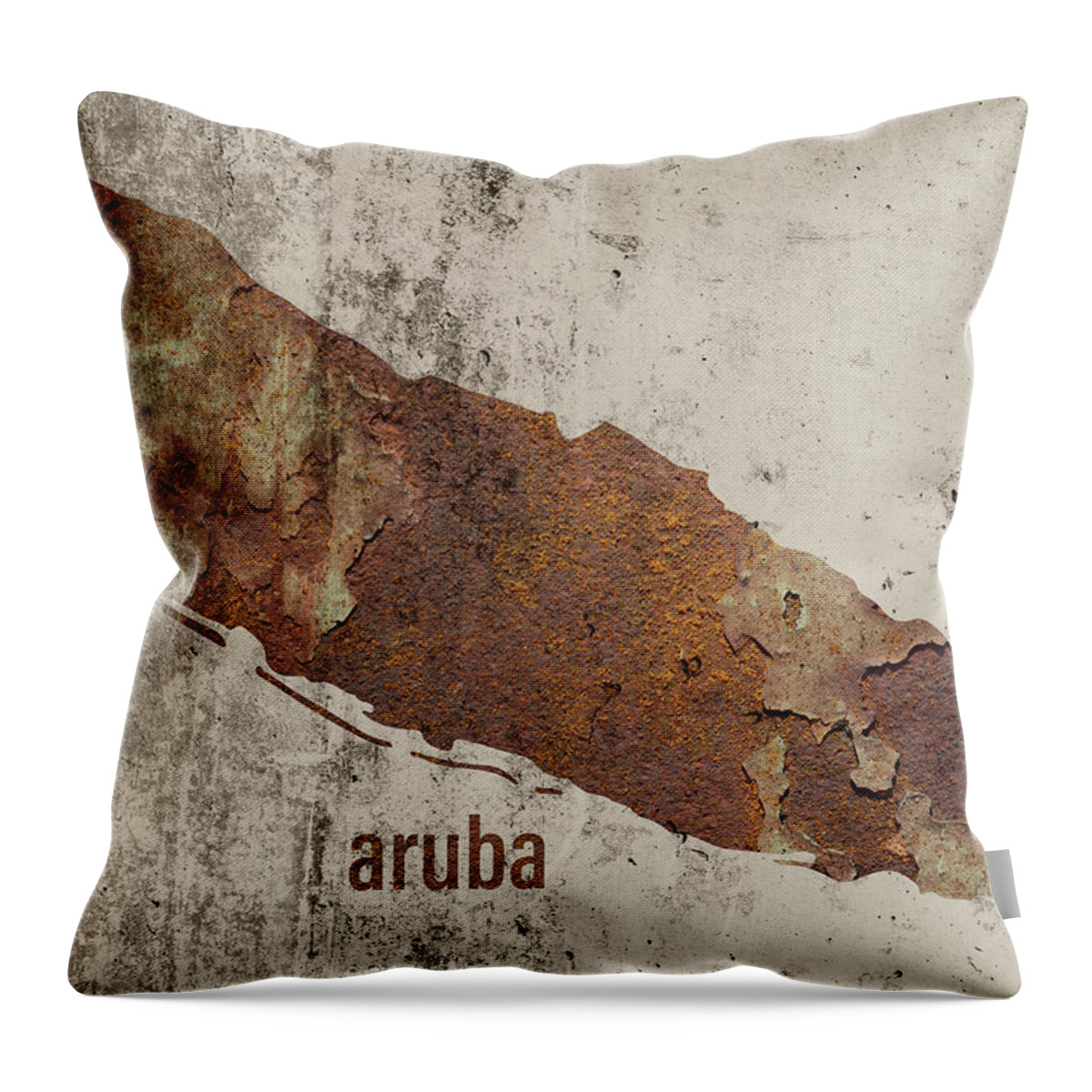 Aruba Throw Pillow featuring the mixed media Aruba Country Shape Map Rusty Cement Wall Art by Design Turnpike