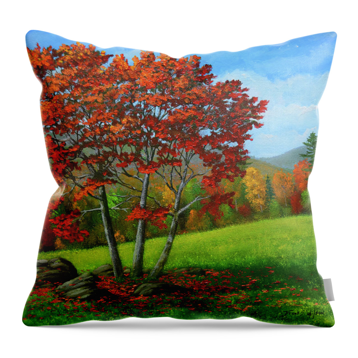 Green Mountain Autumn Throw Pillow featuring the painting As The Leaves Turn by Frank Wilson