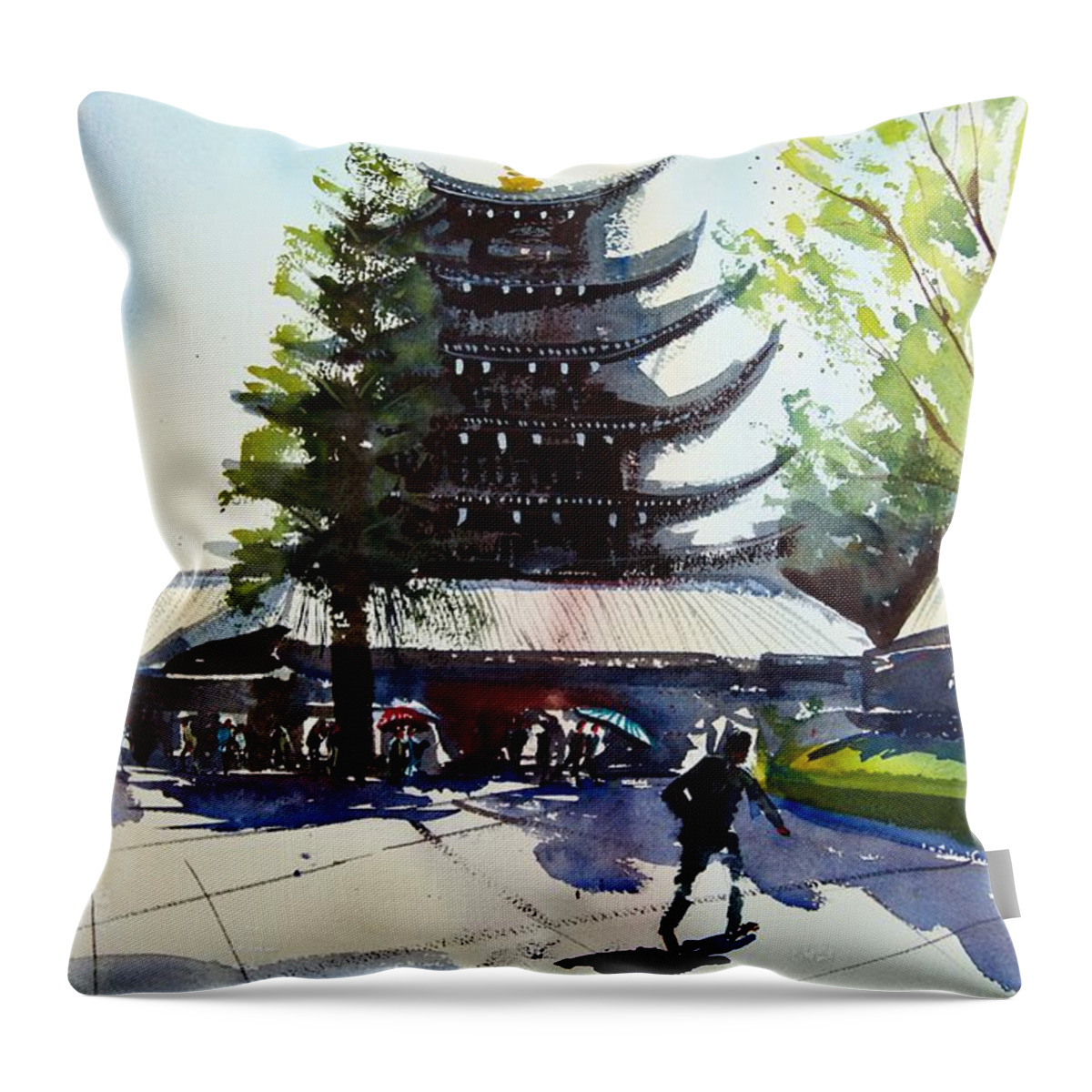 Japan Throw Pillow featuring the painting Asakusa Sensoji Temple by James Nyika