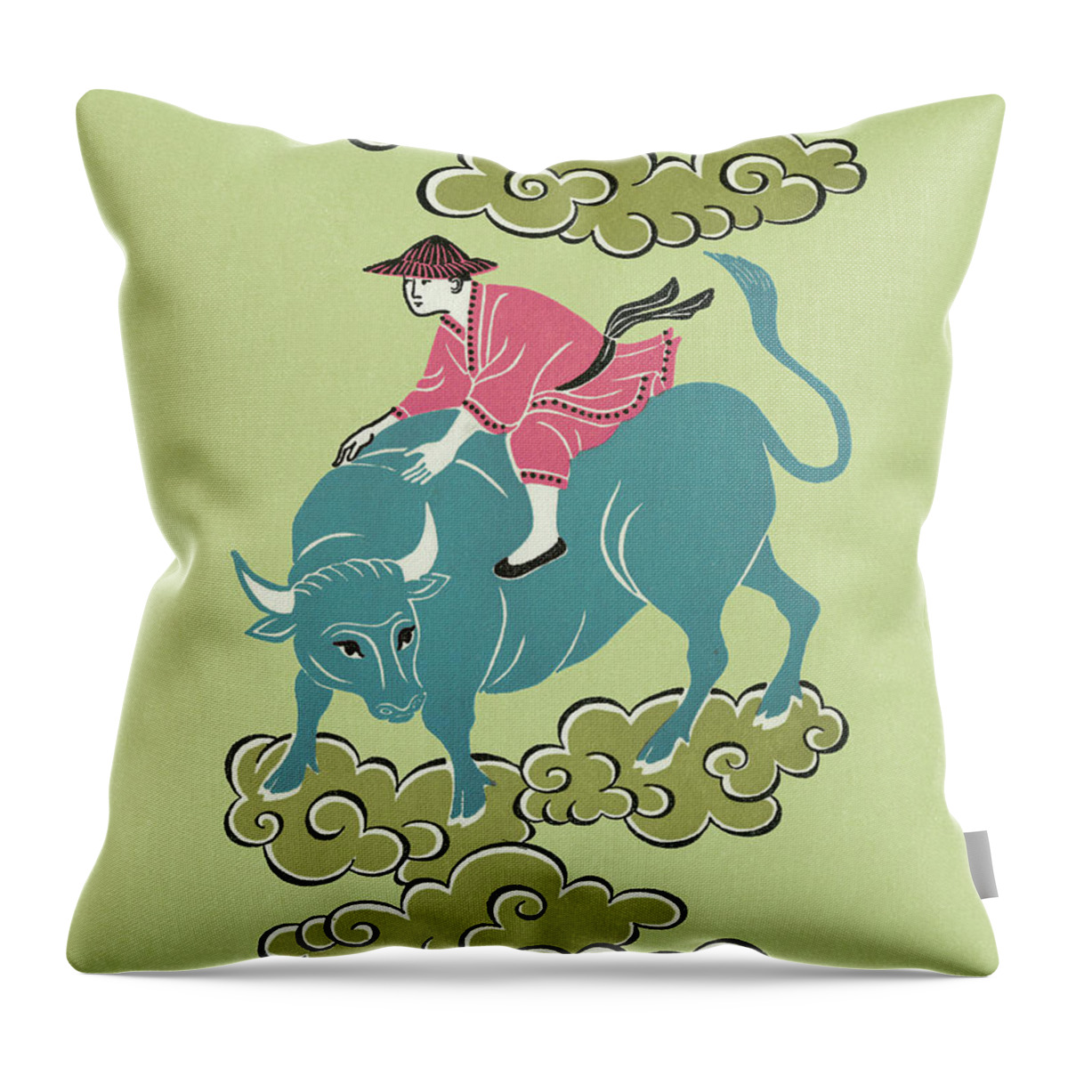 Adult Throw Pillow featuring the drawing Asian Man Riding Bull by CSA Images