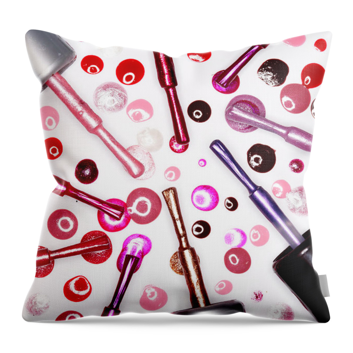 White Background Throw Pillow featuring the photograph Assorted Nail Varnish Lids With Brushes by Martin Poole